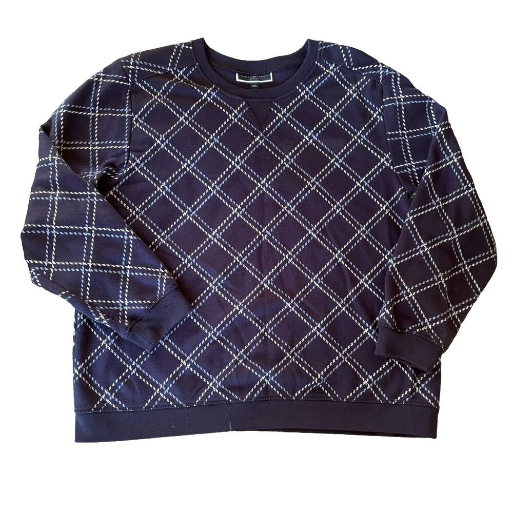 Karen Scott Sport Sweatshirt Sz XXL Cotton Plaid Printed Blue White Casual Basic